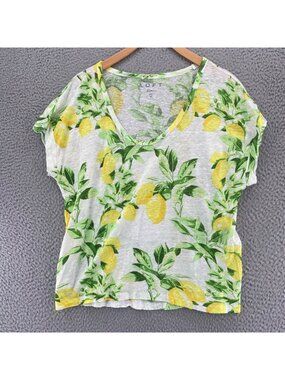 Loft Top Womens Medium Lemon Linen Tee Cap Sleeves Scoop Neck Casual Semi Sheer